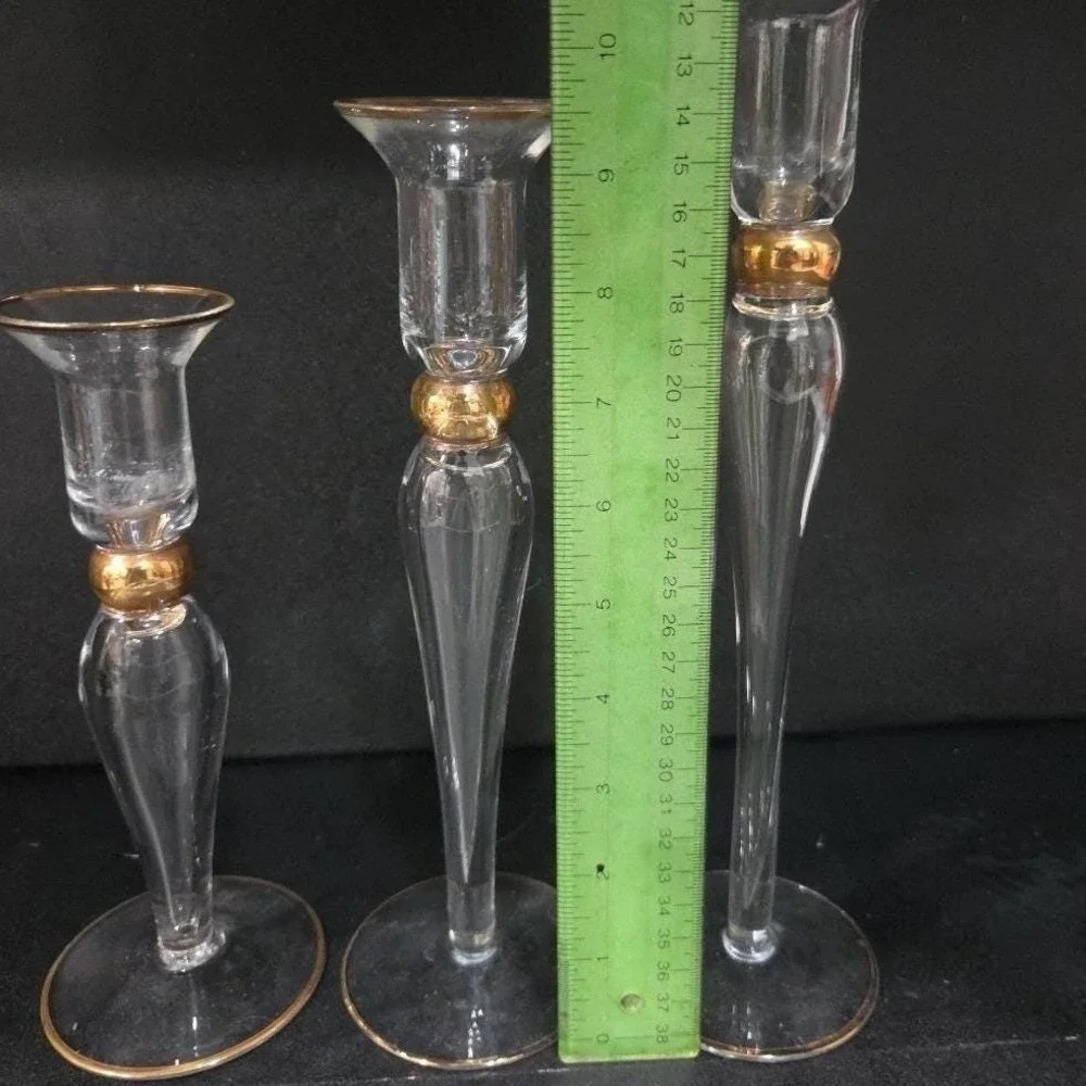 Long-Stemmed Fluted Glass Candlestick Holders, Set of 3 Vintage Gold-Rim Holiday